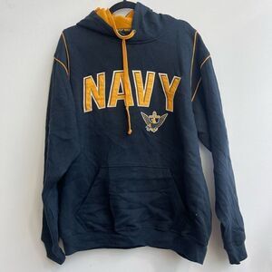 J. America Sportswear Mens Navy Yellow Hoodie Pullover Sweatshirt Size Large